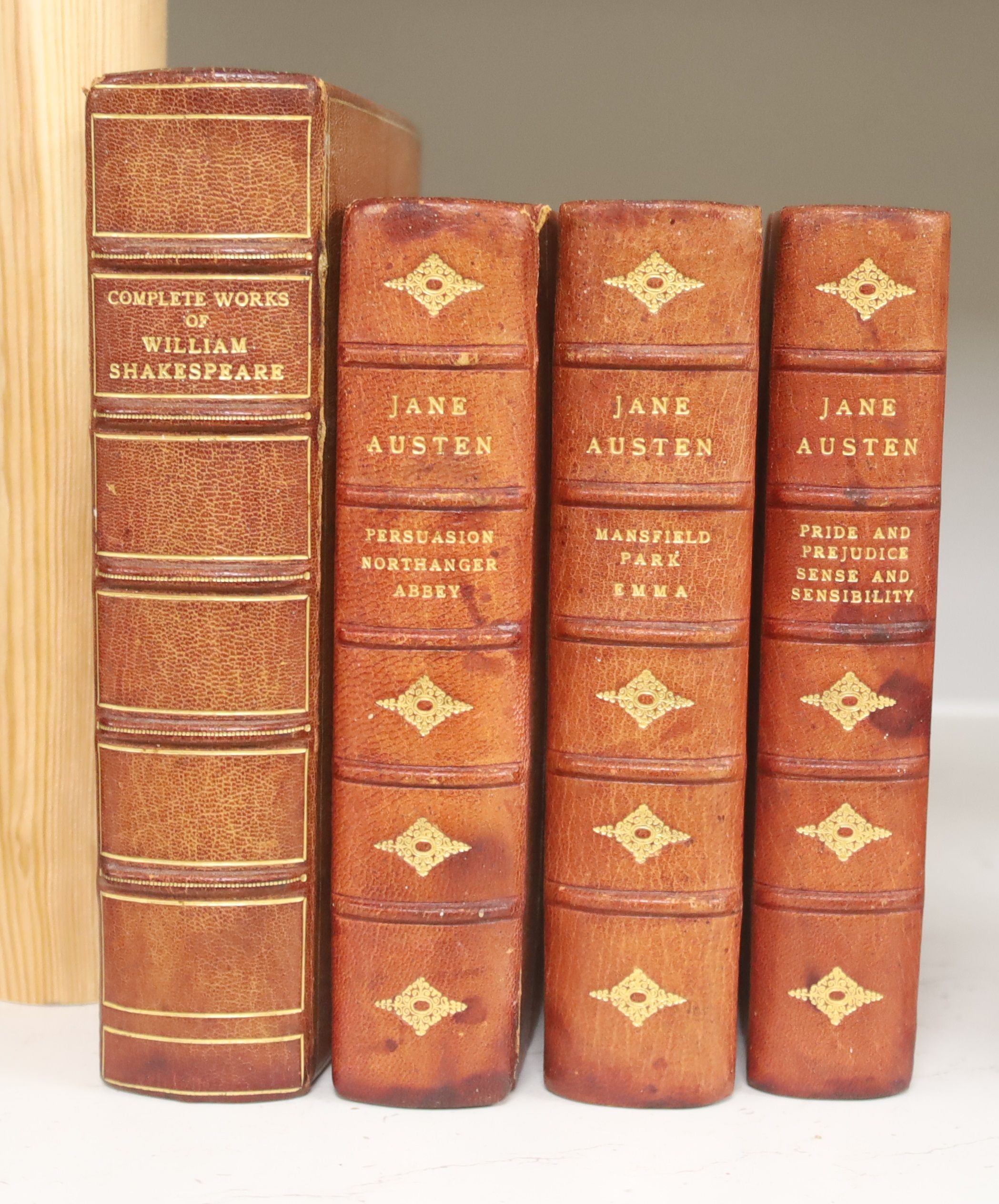 Four assorted bindings including Jane Austen, The Novel Library, bound in three volumes, Persuasion Northanger Abbey, Mansfield Park; Pride and Prejudice and Sense and Sensibility, and The Compete Works of William Shakes